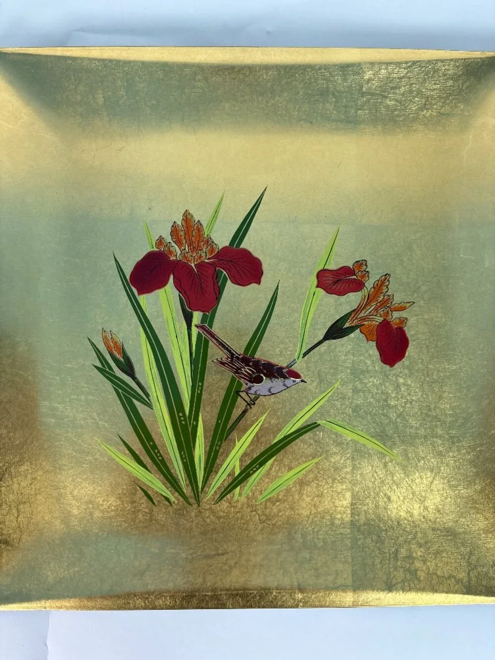 Vintage Toyo Japan Gold Lacquer Serving Tray | Mid Century Japanese Floral Bird